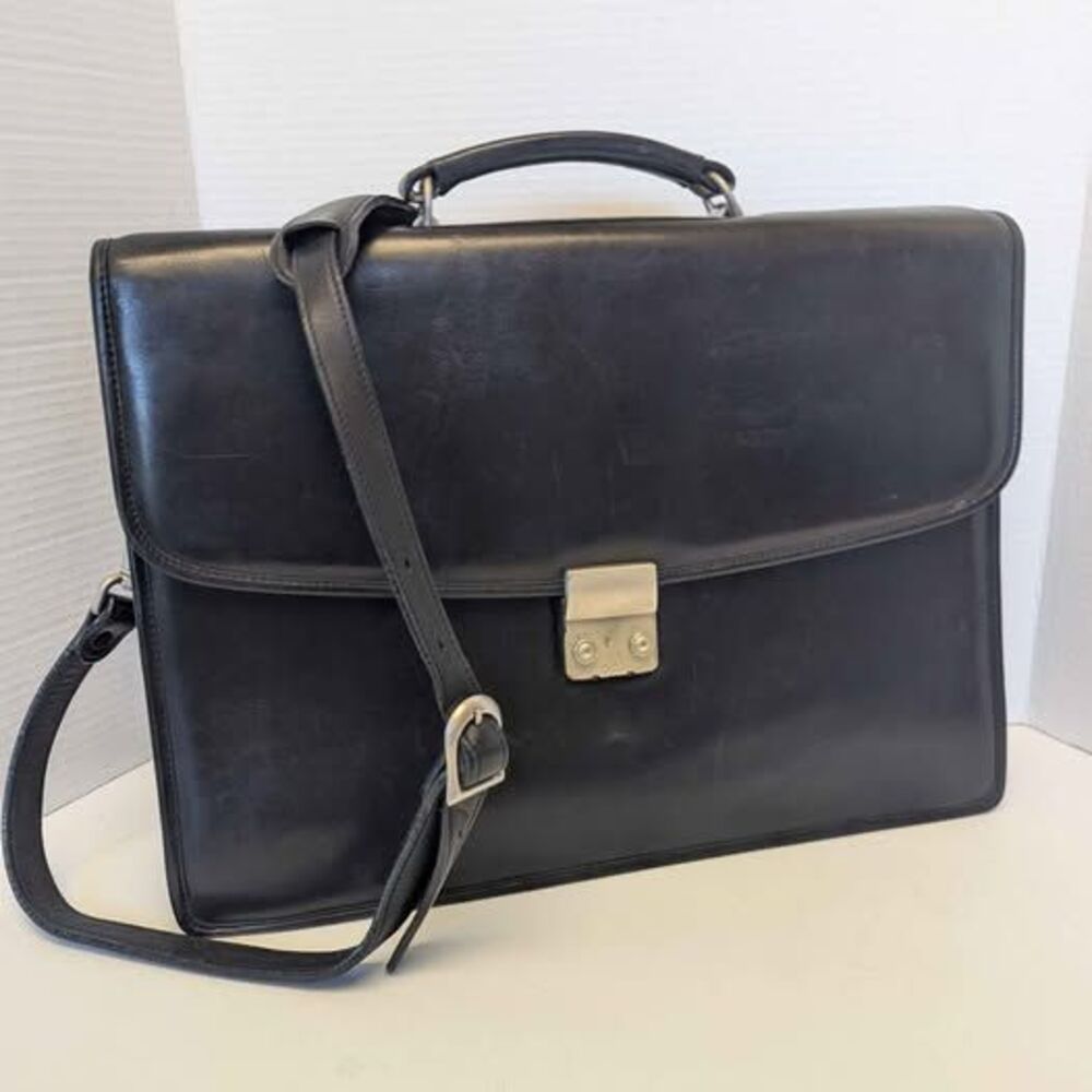 Vintage Amiet Black Leather Crossbody Messenger Briefcase Book Bag 16x12x4"